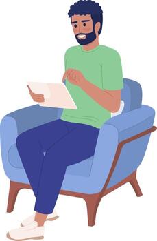 barbado hombre con tableta dispositivo en Sillón semi plano color vector personaje. editable cifra. lleno cuerpo persona en blanco. sencillo dibujos animados estilo Mancha ilustración para web gráfico diseño y animación