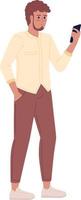 Bearded man with hand in pocket holding phone semi flat color vector character. Editable figure. Full body person on white. Simple cartoon style spot illustration for web graphic design and animation