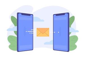 Exchanging messages flat concept vector illustration. Messenger app. Flash message with flat 2D scene on cartoon isolated background. Colorful editable image for mobile, website UX design