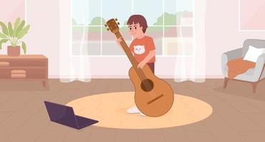en línea música clase para niño plano color vector ilustración. pequeño chico jugando guitarra utilizando vídeo tutorial. héroe imagen. completamente editable 2d sencillo dibujos animados personaje con vivo habitación en antecedentes