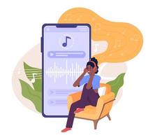 Listening to music online flat concept vector spot illustration. Editable 2D cartoon character on white for web design. Woman with headphones. Stress relief creative idea for website, mobile, magazine
