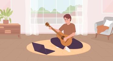 Finding hobby and learning online flat color vector illustration. Man playing guitar using tutorial on laptop. Hero image. Fully editable 2D simple cartoon character with living room on background