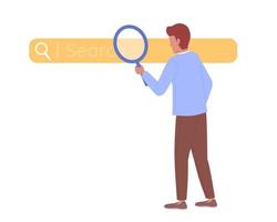 Man with magnifying glass searching on internet flat concept vector spot illustration. Editable 2D cartoon character on white for web design. SEO creative idea for website, mobile, magazine