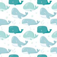 Vector cute cartoon seamless pattern. Funny childish isolated images of whales of different shapes and sizes. Doodle pictures of underwater fauna for background decoration and wrapping paper.