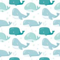 Vector cute cartoon seamless pattern. Funny childish isolated images of whales of different shapes and sizes. Doodle pictures of underwater fauna for background decoration and wrapping paper.