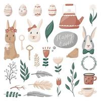 Set of vector cartoon seamless flat icons on Easter theme. Cute characters and design elements. Easter eggs, rabbits, doodle images of plants and flowers.