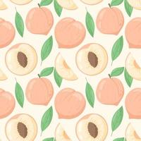 Vector seamless pattern with flat ripe peach or nectarine with leaves.