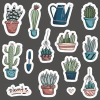 Set of vector doodle stickers of home plants in pots. Cute pastel colored lined cacti and succulents in different shapes and sizes. Stickers on the theme of gardening and home comfort.