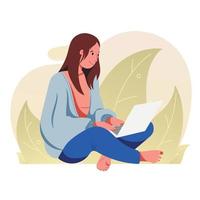 Vector flat illustration. Woman in front of a laptop. New normal, meeting with family and friends via video link. Abstract background with leaves.