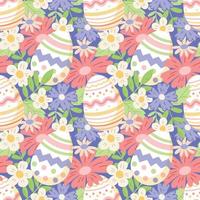 Wildflowers, daisies with leaves and decorated Easter eggs. Vector cartoon seamless pattern.