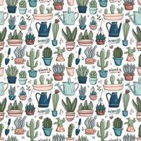 Seamless pattern with vector doodle icons of home plants in pots. Cute pastel colored lined cacti and succulents in different shapes and sizes. Stickers on the theme of gardening and home comfort.