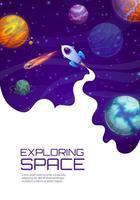 Landing page space, cartoon rocket in star galaxy vector