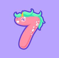 Siete dígito número 7 7 figura unicornio linda personaje vector