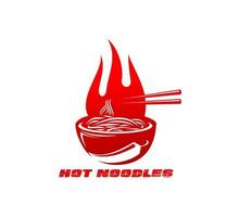 Hot ramen noodles bowl with chopsticks and fire vector