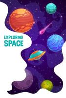 Space exploring poster with ufo, stars and planets vector