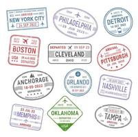 Estados Unidos ciudades viaje pasaporte, aeropuerto tinta sellos vector