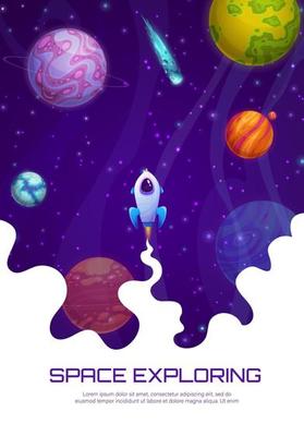 Landing page, rocket launch and space planets