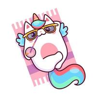 Cartoon caticorn character lying on sea beach vector