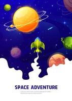 espacio aventuras póster, dibujos animados nave estelar en galaxia vector