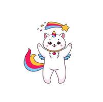 dibujos animados linda caticorn personaje jugar con cometa vector