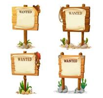 Wooden signs, cartoon western wanted boards vector