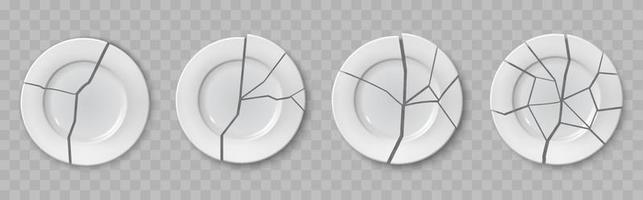 Ceramic broken plates with cracks, porcelain break vector