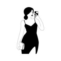 elegante niña en un vestir tomando selfies en su teléfono inteligente hembra lineal figura en el estilo de minimalismo para logotipos, postales, carteles y huellas dactilares. vector