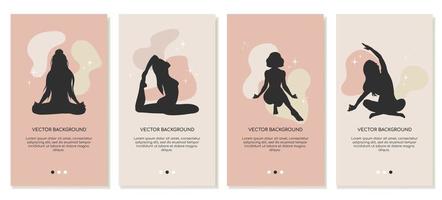 conjunto de muchachas en diferente yoga poses en silueta. vertical plantillas para social medios de comunicación. vector