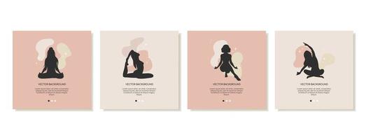 Set of girls in different yoga poses in silhouette. Square templates for social media. Vector