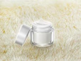 Cream jar with open lid isolated on artificial fur background photo