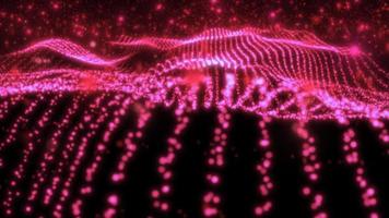 Abstract red wave lines from particles and energy magical dots with glow effect and blur bokeh abstract background. Video 4k, 60 fps