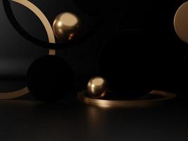3D Rendering Studio Shot Product Display Background with Black and Gold Spheres, Plates and Rings for Festive Luxury Products. photo