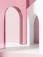 3D Rendering Retro Studio Shot Product Display Background with Transparent Pink Acrylic Arch for Beauty or Skincare Products. photo