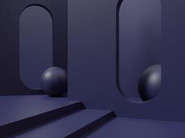3D Rendering Monochrome Dark Blue or Green Studio Shot Product Display Background with Geometric Shapes and Platforms for Gadgets Electronics or Technological Products. photo