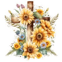 Watercolor Cross Sunflowers Religion