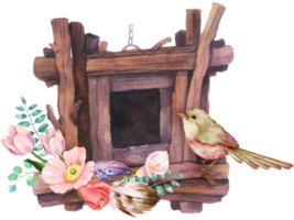 Birdhouse with flowers and birds