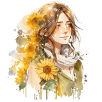Pretty Girl Sunflowers watercolor png
