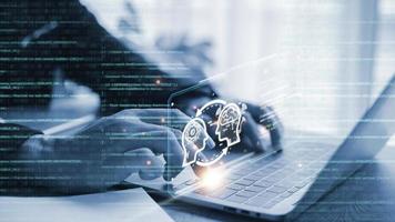 Ai technology, Artificial Intelligence. man using technology smart robot AI, artificial intelligence by enter command prompt for generates something, Futuristic technology transformation. Chat with AI photo