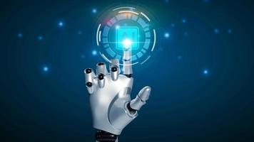 Hand robot touching computer chip and binary data. Futuristic Artificial intelligence AI. Deep Learning. Neural Network. Brain representing. photo