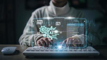 Chatbot Chat with AI, Artificial Intelligence. man using technology smart robot AI, artificial intelligence by enter command prompt for generates something, Futuristic technology transformation. photo