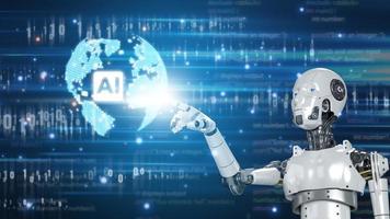 Robotic hand touch earth holographic connects to learn and control, with line digital network concept artificial intelligence technology and innovation, business and industrial control with robot photo