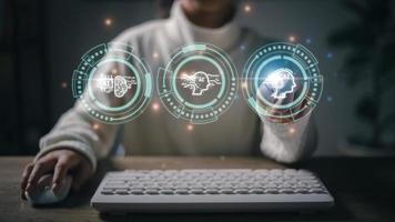 Technology and people concept women use AI to help work, AI Learning, and Artificial Intelligence Concepts. Business, modern technology, internet, and networking concept. photo