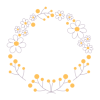 Floral wreath with naive doodle flowers. Hand drawn chamomile, yellow branches. Round frame isolated on transparent background. Spring, summer template. PNG illustration