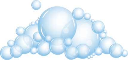 Cartoon soap foam set with bubbles. Light blue suds of bath, shampoo, shaving, mousse png