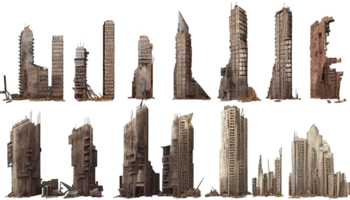 Ruined skyscrapers on isolated transparent background png