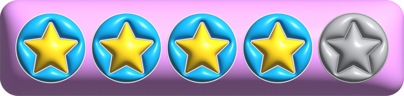 3d four star rating in the pink rectangle background png