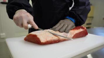 ein Metzger im Metall schützend Handschuhe füllt ein Stück von Schweinefleisch Fleisch auf ein Schneiden Weiß Tafel mit ein Messer. Produktion Linie video