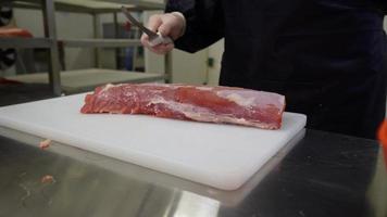 fechar-se do açougue mãos vestindo metal protetora luvas, trabalhador fatias faca sobre peça do carne carne em corte branco borda video