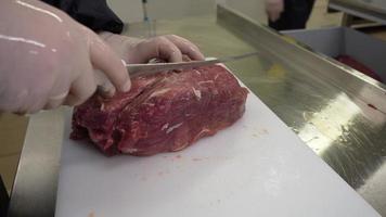A Butcher Cuts fresh Beef Meat with a sharp fillet Knife on a white cutting board. Meat Shop Production Line. Close up video
