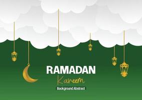 Ramadan Kareem greeting banner or card design with 3d paper cut ornament of islamic lantern, moon in golden color. Vector illustration. Place for text